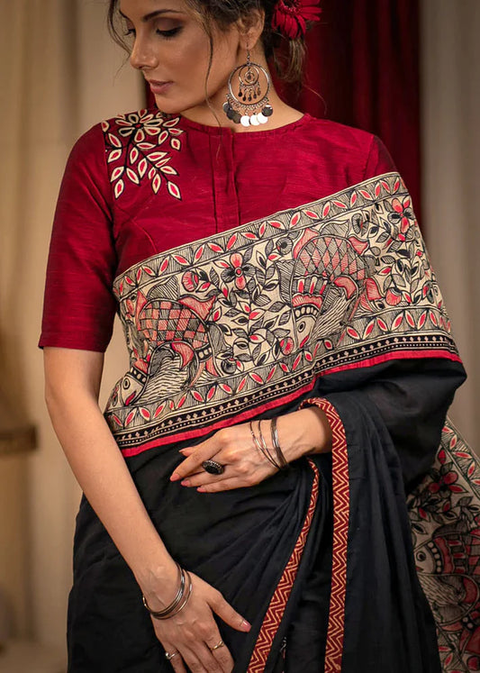 Stylish Black And Red Color Kalamkari Printed Linen Cotton Saree With Ajrakh Design