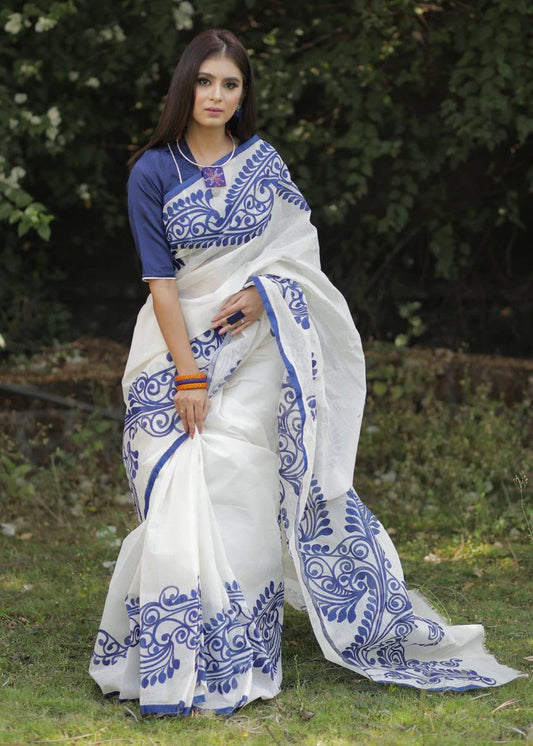 White And Blue Color Digital Printed Pure Linen Saree