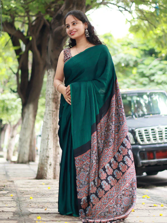 GREEN COLOR AJRAKH SAREE