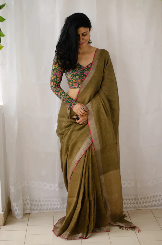 Green Plain Color Digital Printed Cotton Linen Saree.