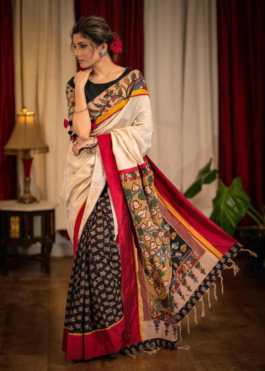 Designer cream color kalamkari digital printed linen saree