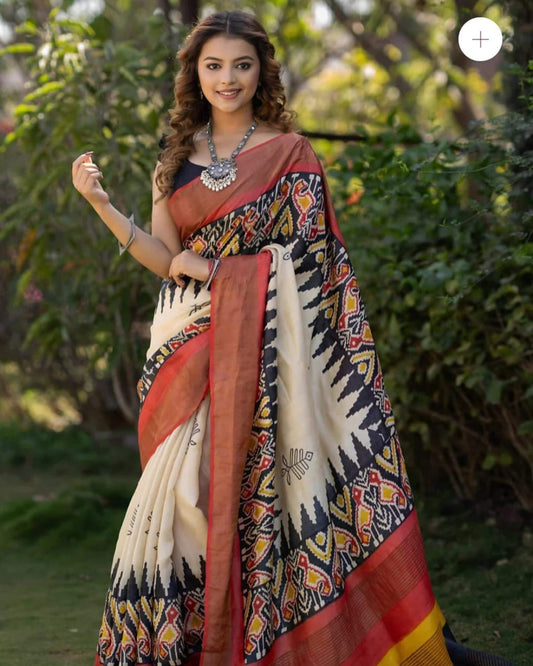 Fabulous ikat digital printed cream color linen saree