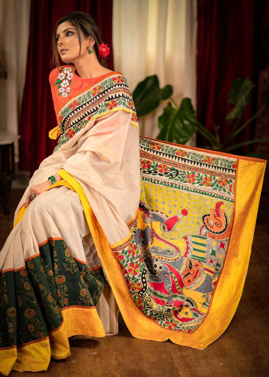 Traditional cream with yellow kalamkari pallu linen saree