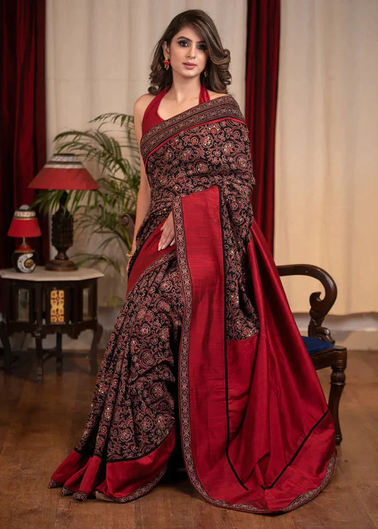 Designer Multi Maroon Colour Kalamkari Printed Linen Saree