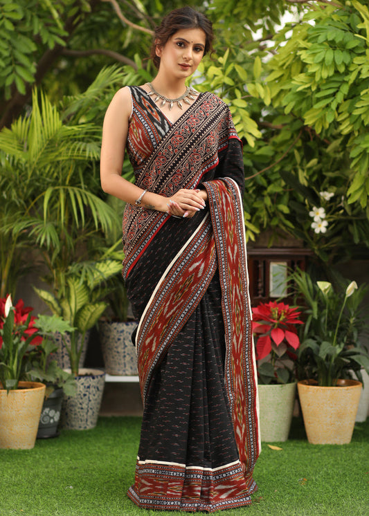 Attractive Black And Cream Color Digital Printed Linen Saree..