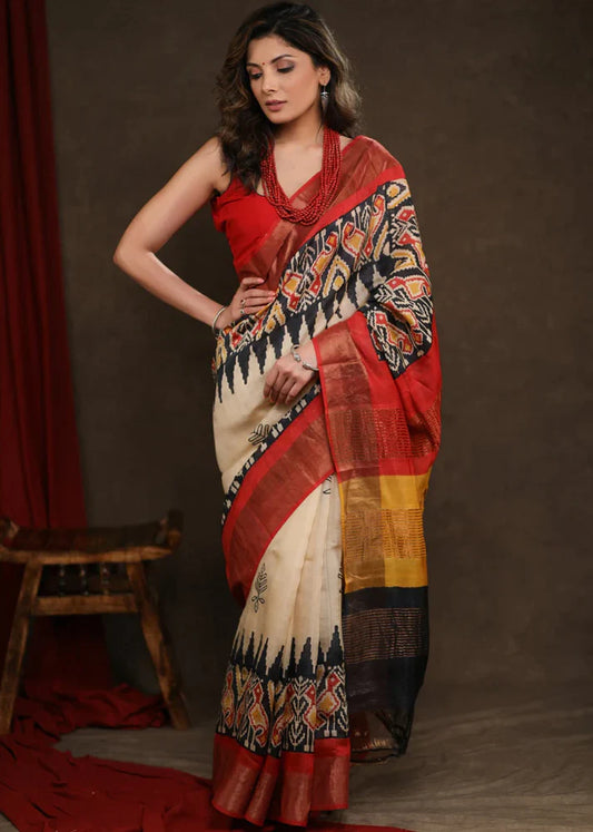 RED IKKAT CREAM DIGITAL PRINTED COTTON LINEN SAREE.