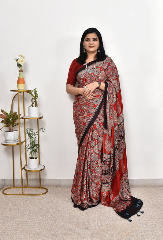 RED COLOR AJRAKH SAREE.