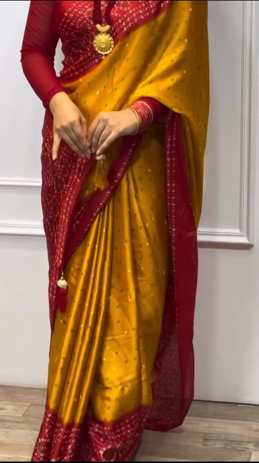 Mustard and red bandhani saree