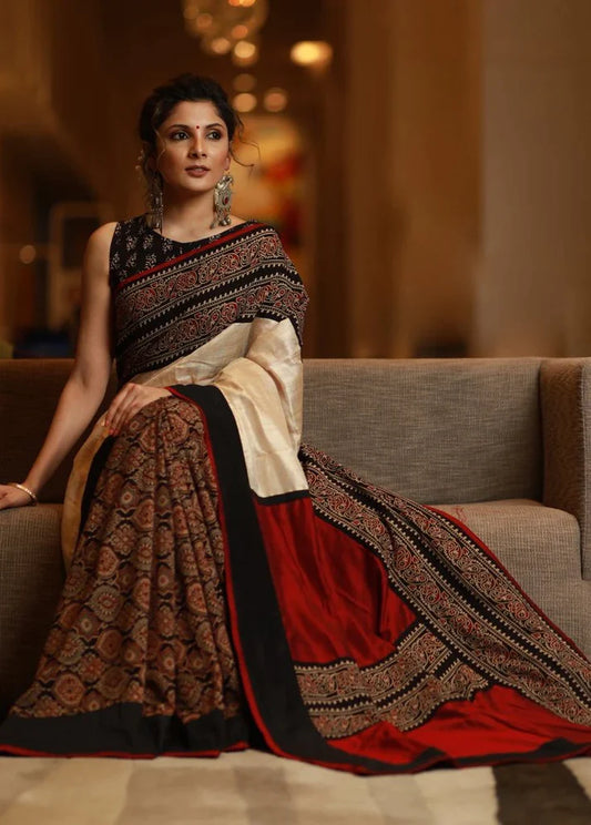 COMBINATION OF BALCK BLOCK AJRAKH BORDER LINEN COTTON DIGITAL PRINTED SAREE.