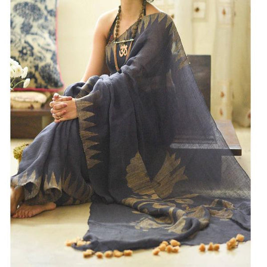 Stylish Gray Color Digital Printed Pure Linen Saree