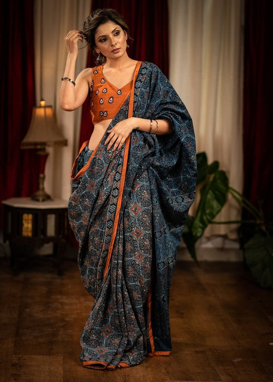 Teal Color Digital Printed Linen Saree