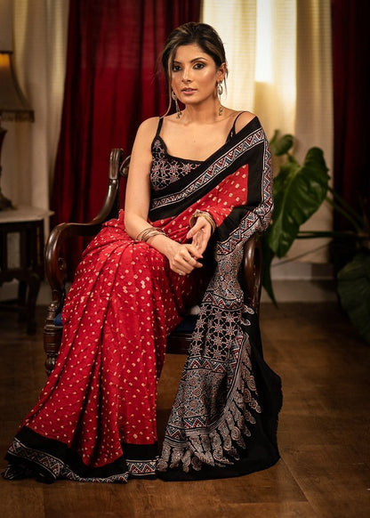 Exclusive Red Color Digital Printed Linen Saree