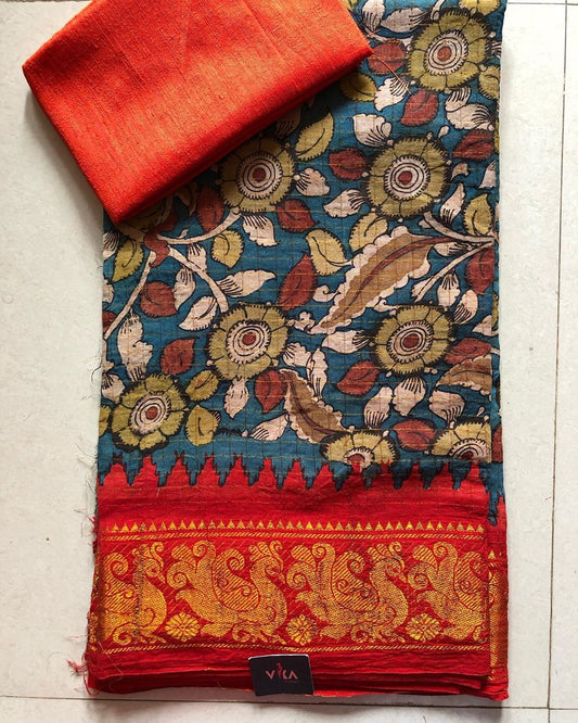 Multi Color Kalamkari Printed Linen Saree